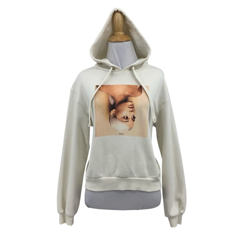 Ariana Grande Hoodie Womens S Small Ivory Fleece Lined Sweetener 2018 Tour H&M